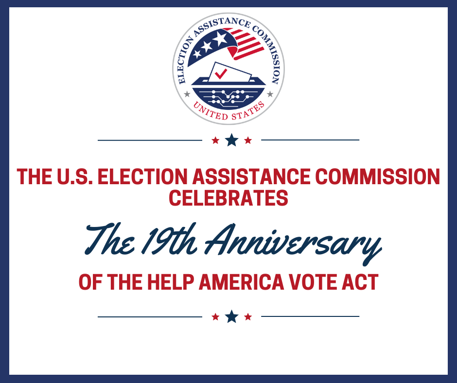EAC Seal with the text "The U.S. Election Assistance Commission celebrates the 19th anniversary of the Help America Vote Act"